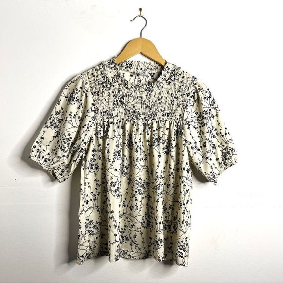 Indie & Co Cream Black Floral Smocked High Neck Blouse NWOT - Picture 1 of 5